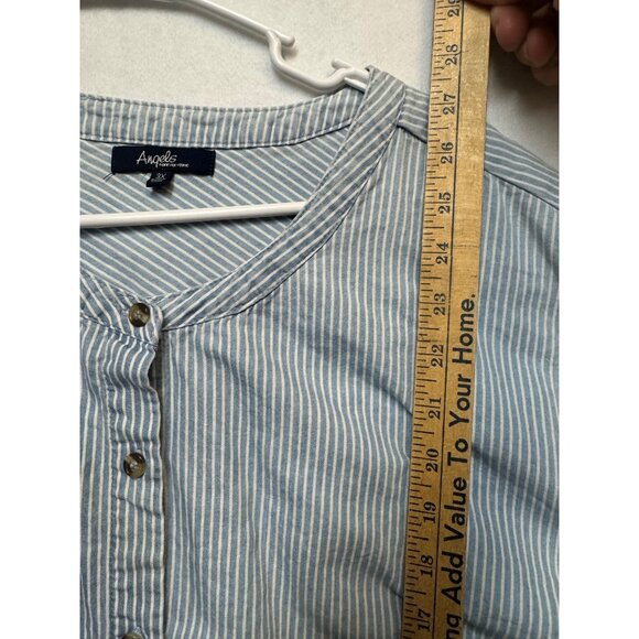 Blue & White Striped Button-Front Short Sleeve Blouse 3X By Angels Forever Young - Picture 8 of 10